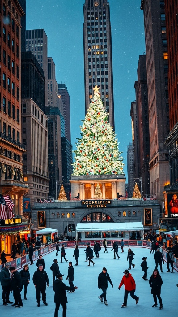 Christmas in New York City: A Festive Celebration Rockefeller Center Christmas tree in NYC surrounded by festive lights and ice skaters.